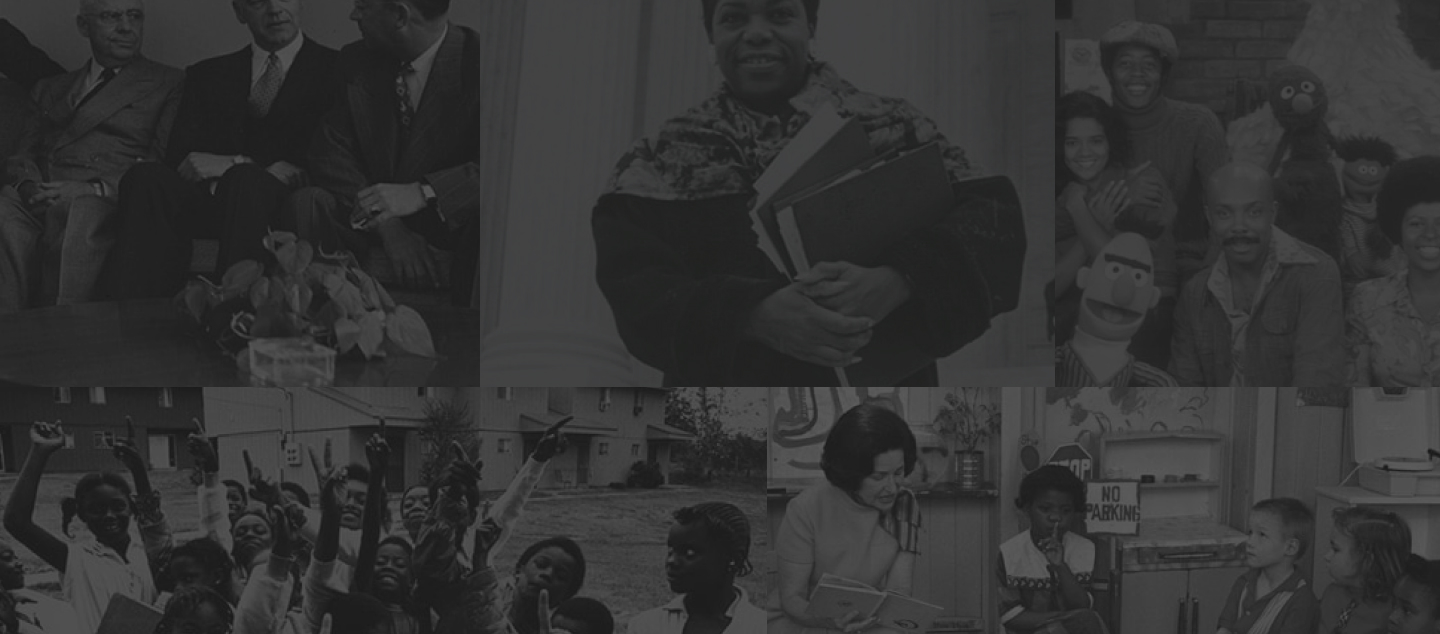 A collage of historical photos featuring individuals in various settings, including meetings, classroom scenes, and group gatherings.